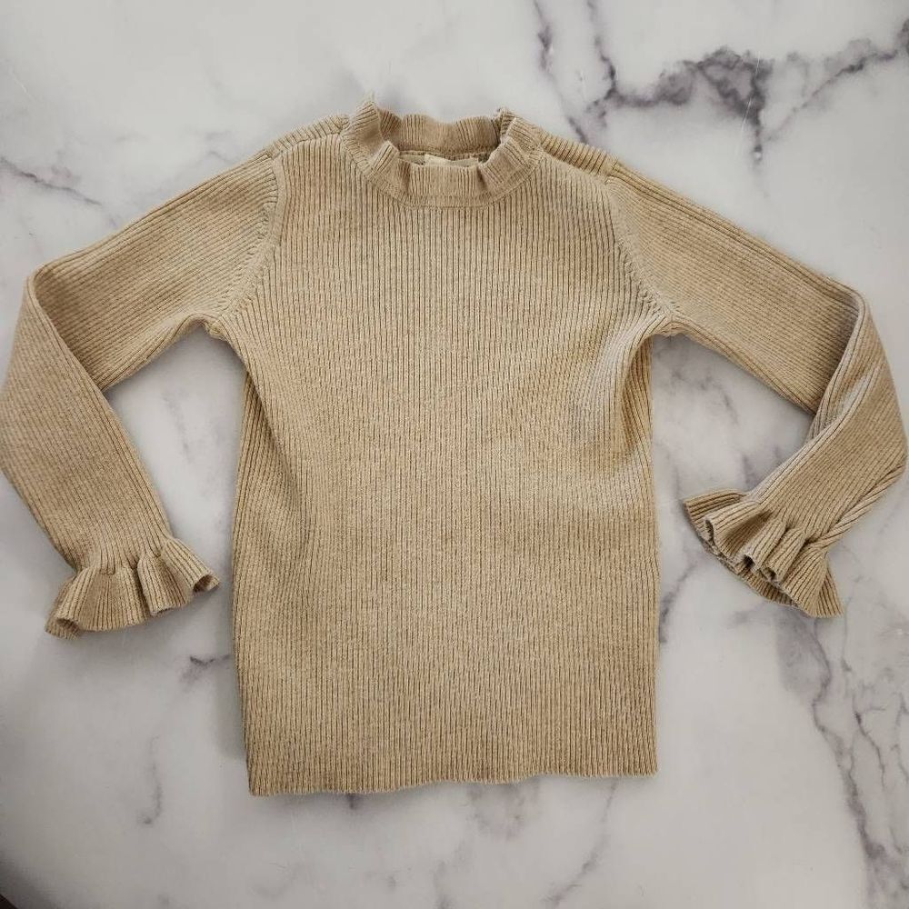Hope & Henry XXS tan ribbed Organic cotton high neck ruffle bell cuff sleeve tod